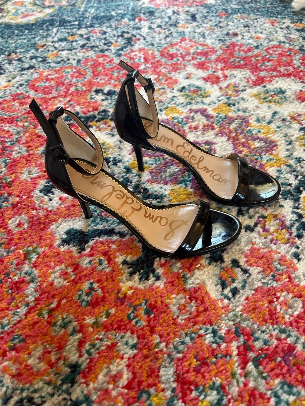 Sam Edelman Black Patent Ankle-Strap Stiletto Heels